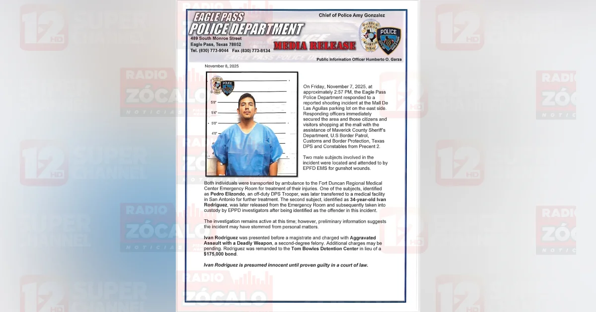 Uno de los participantes del tiroteo ocurrido el viernes en el estacionamiento del Mall de Las Águilas en Eagle Pass fue asegurado, informó la Policía de Eagle Pass.
