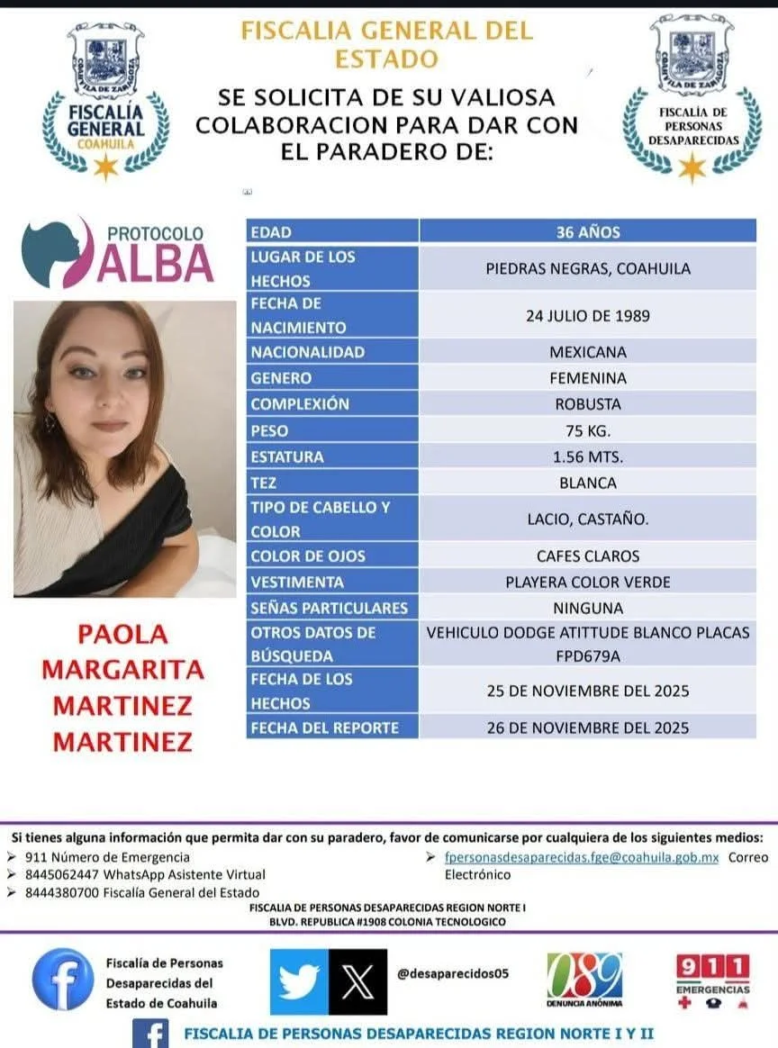 Familiares buscan a mujer desaparecida en Piedras Negras