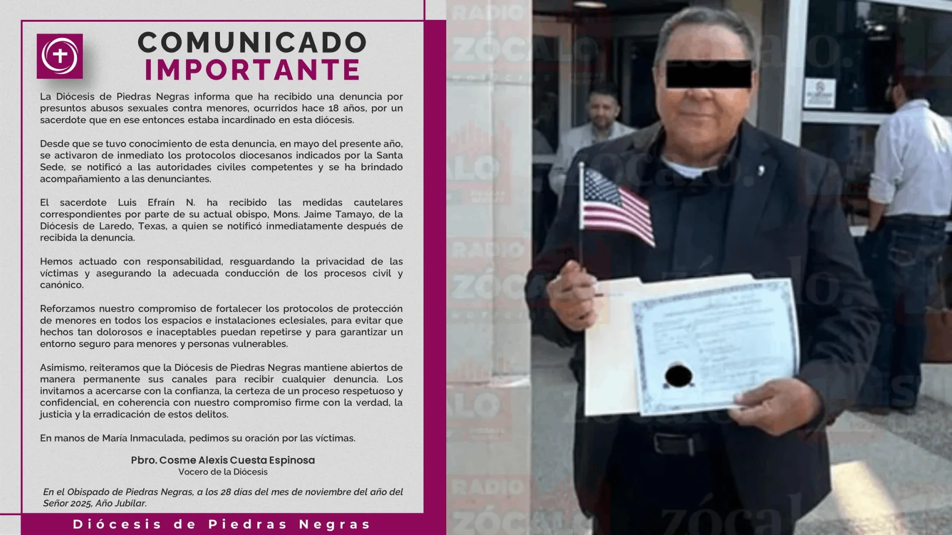 Monseñor Miranda Guardiola informó que el entonces sacerdote de San Antonio de Padua, Luis Efrain “N”, que luego fue incardinado a la Diocesis de Laredo, Texas, actualmente cumple un proceso de suspensión cautelar.