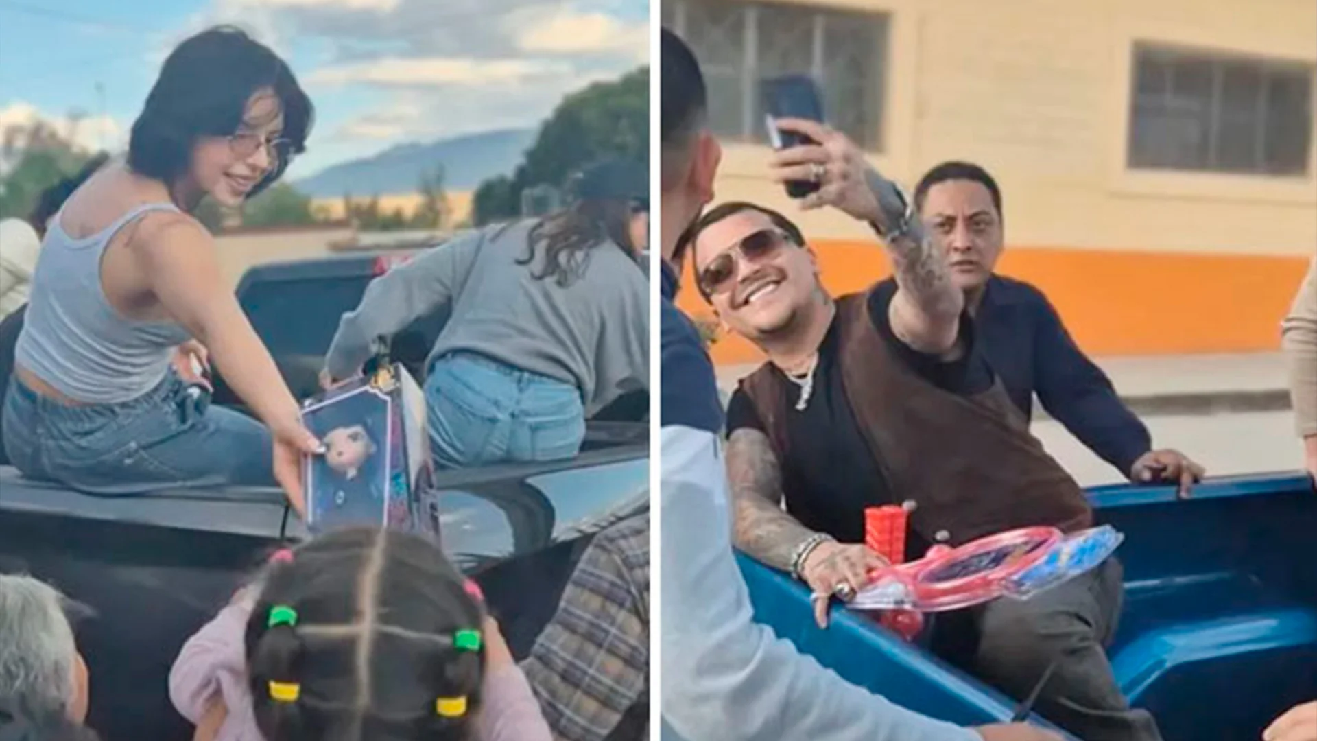 Christian Nodal, Ángela Aguilar y Pepe Aguilar repartieron juguetes en una comunidad de Zacatecas durante Navidad.