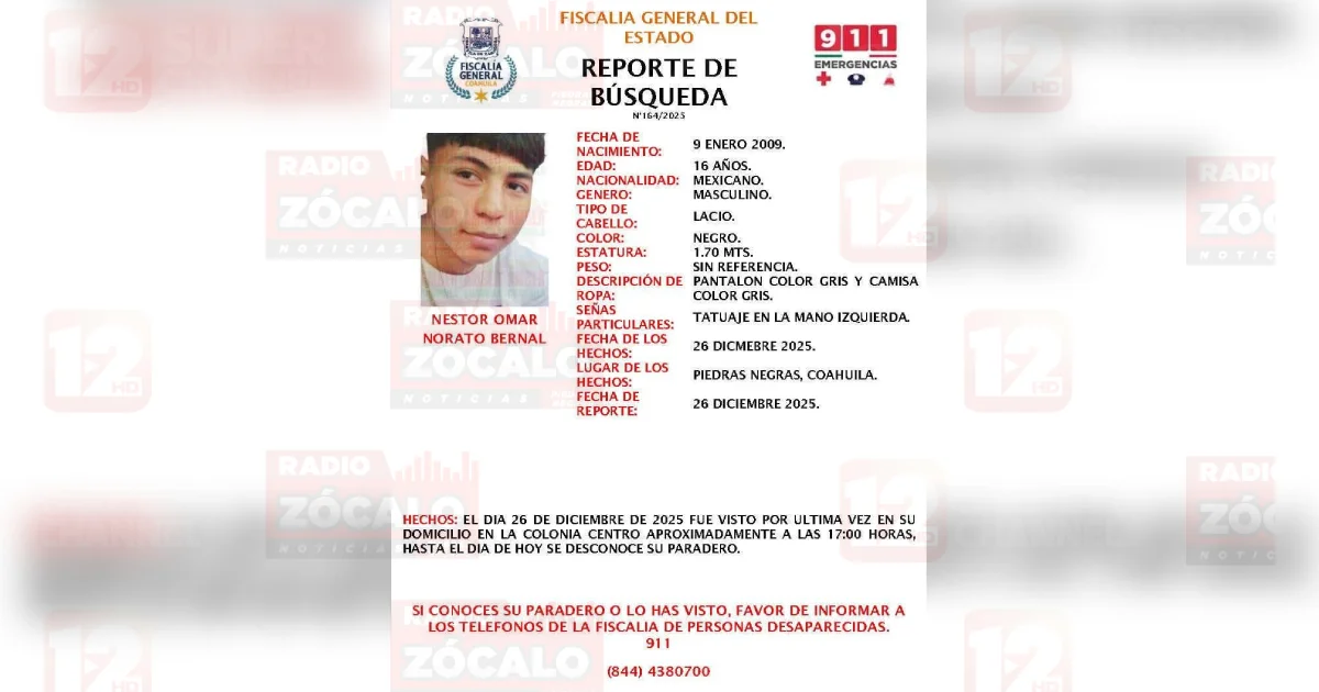 Buscan a menor desaparecido en Piedras Negras