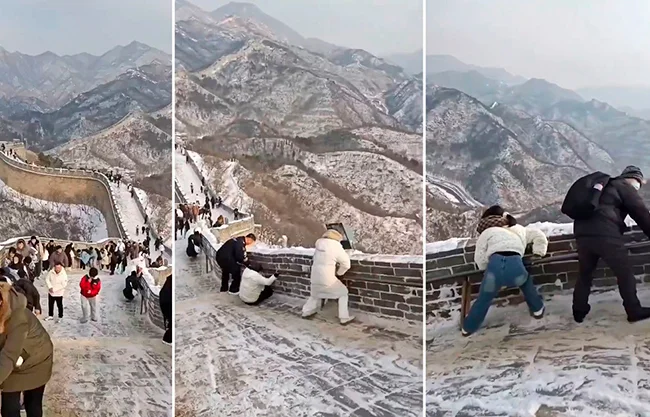 Nevadas convierten a la Gran Muralla china en una impresionante pista de hielo