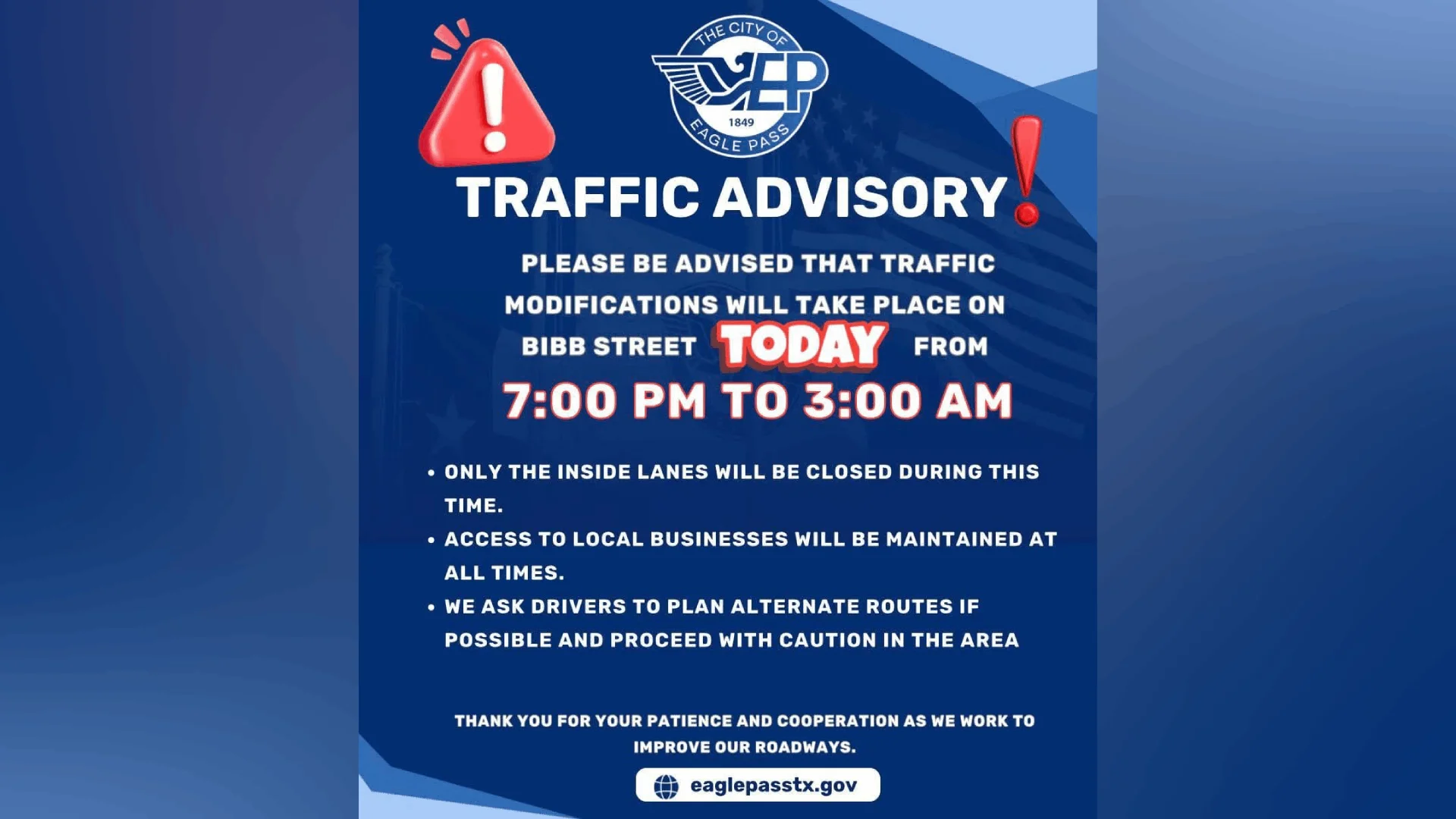 Anuncian cierres parciales en calle Bibb por trabajos viales