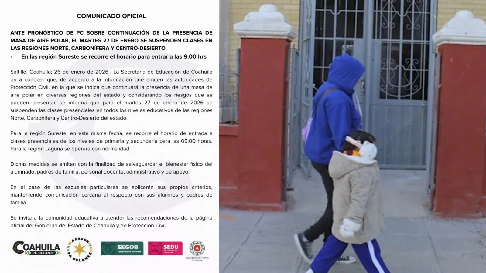 Suspenden clases en todos los niveles para este martes en regiones Norte, Carbonífera y Centro por frío extremo