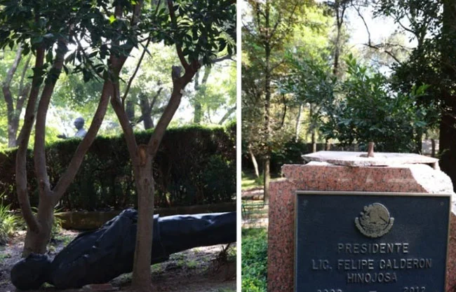 Autoridades del Complejo Cultural Los Pinos tienen la estatua del ex Presidente Felipe Calderón tirada.