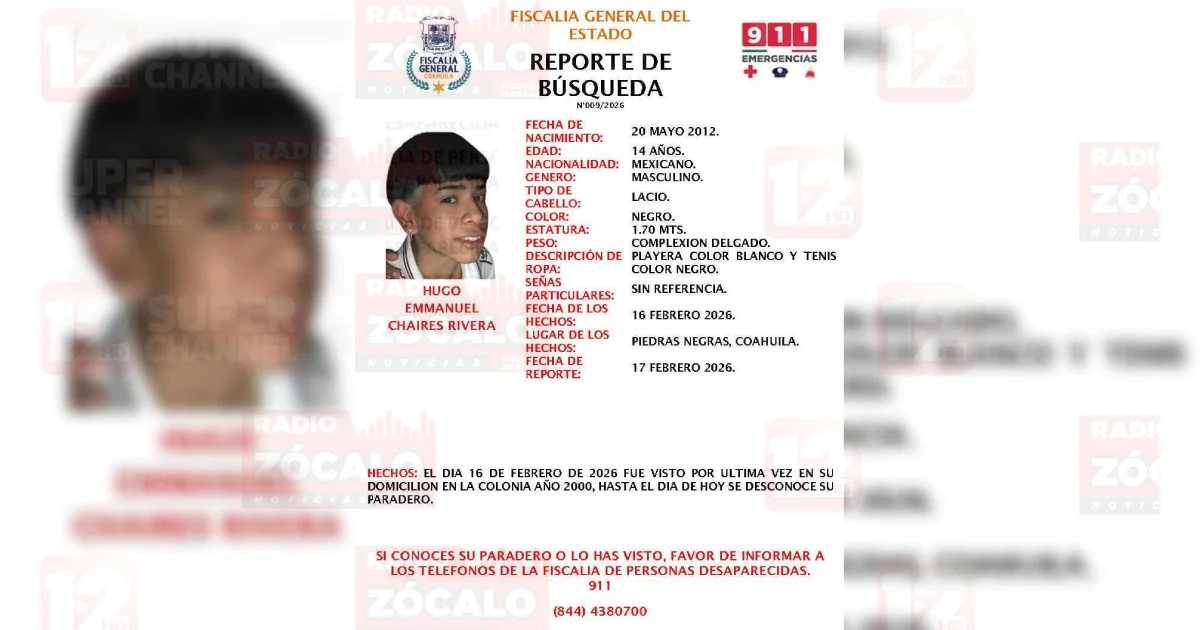 Solicitan apoyo para localizar a menor desaparecido en Piedras Negras