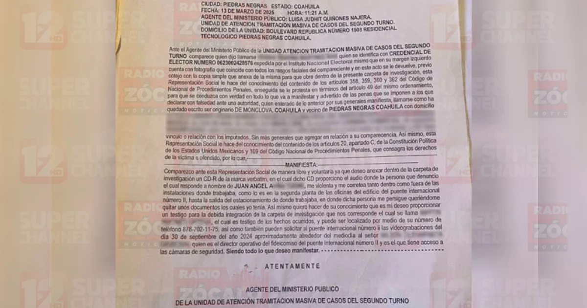 Periódico Zócalo, tuvo acceso a la copia de una denuncia interpuesta el 13 de marzo de 2025