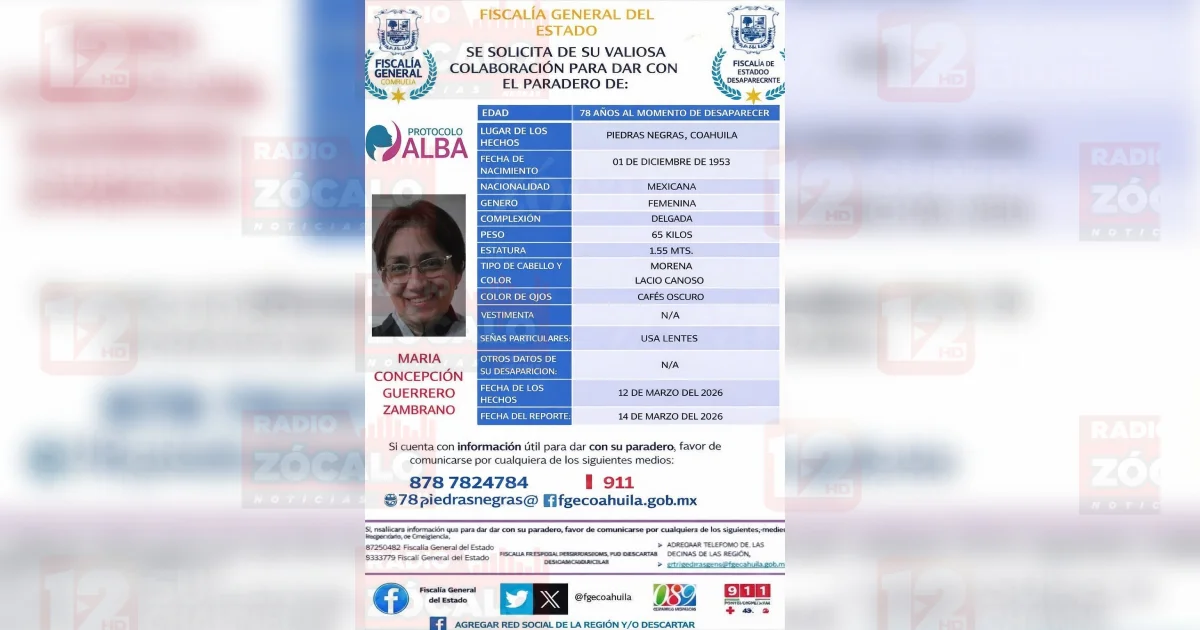 Activan Protocolo Alba por desaparición de mujer de 78 años en Piedras Negras