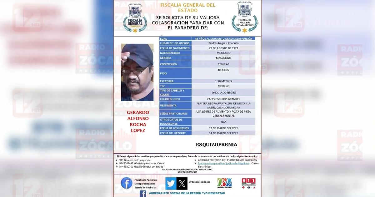 Buscan a hombre desaparecido en Piedras Negras; padece esquizofrenia