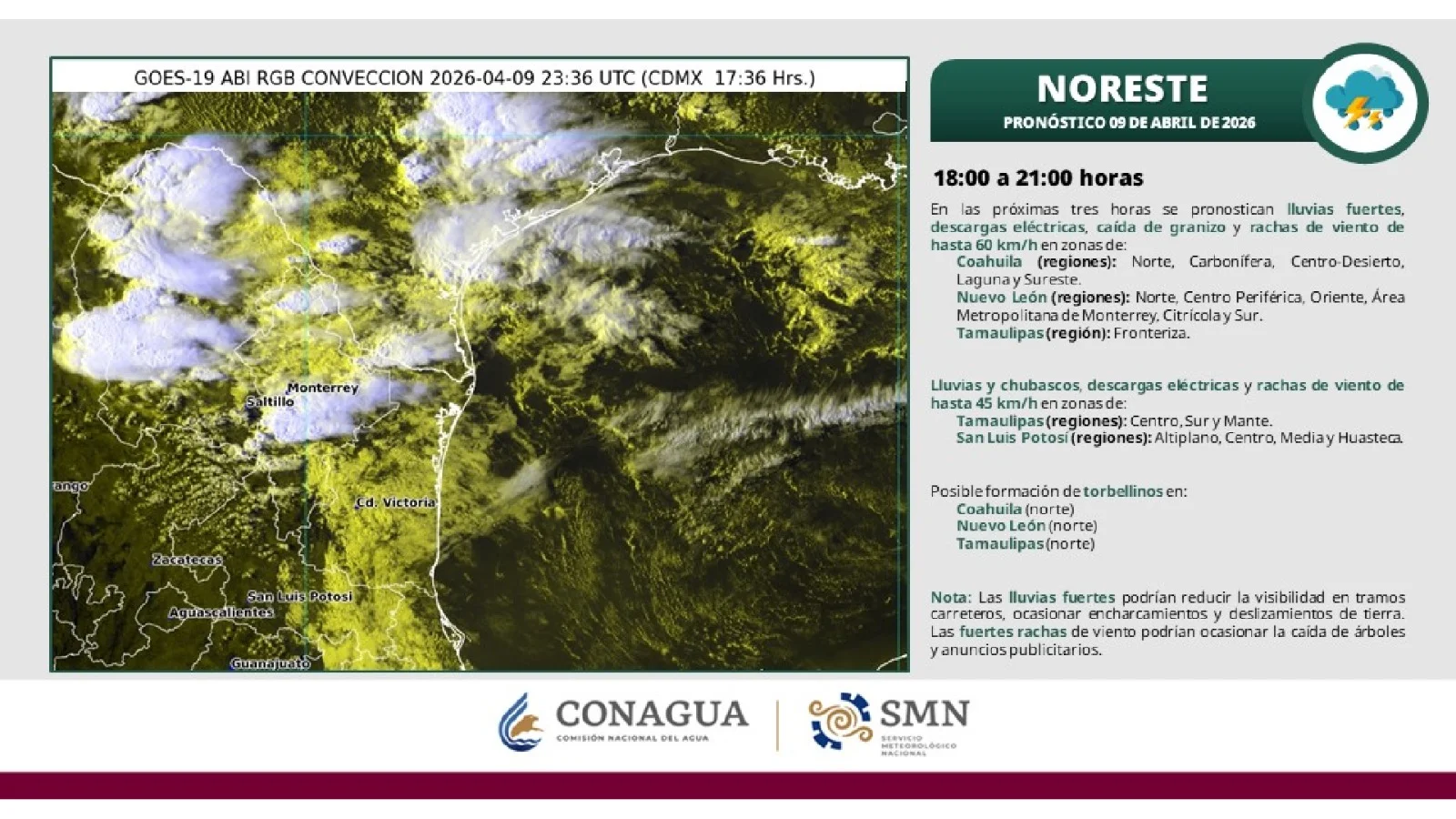 De acuerdo al Aviso de Potencial de Tormentas del Servicio Meteorológico Nacional (SMN), para la tarde - noche de este viernes se pronostican lluvias fuertes, descargas eléctricas, caída de granizo y rachas de viento de 60 Km/h con posible formación de torbellinos en la zona norte de Coahuila