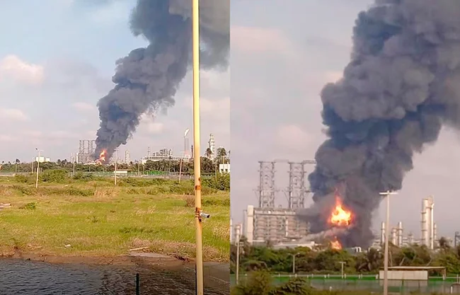 Nuevamente se registra incendio en la refinería en Dos Bocas, Tabasco; donde una intensa columna de humo se observa en las instalaciones