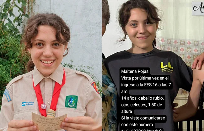 Maitena Luz Rojas Garófalo, una adolescente de 14 años reportada como desaparecida en Argentina, fue encontrada sin vida