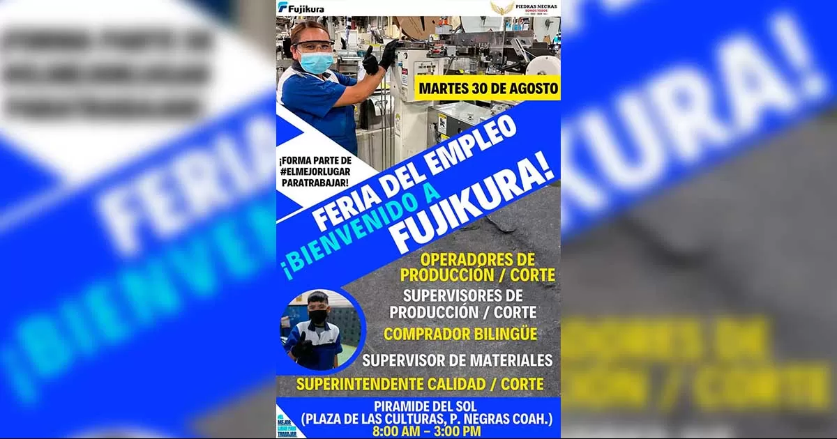 Fujikura ofertará mil 200 vacantes éste martes en la Plaza de las Culturas