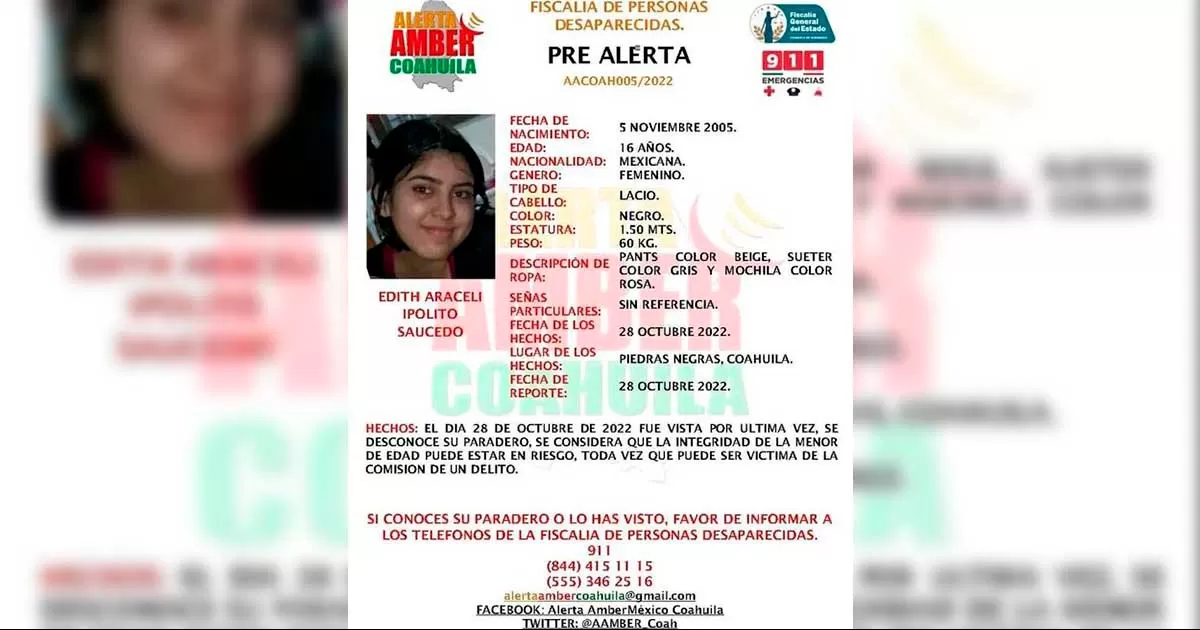 La FiscalÃ­a investiga la relaciÃ³n entre la adolescente desaparecida y la persona que fue a buscar a la capital del paÃ­s. Se confirmÃ³ que comprÃ³ un boleto en la central de autobuses de Piedras Negras hacia dicho destino.