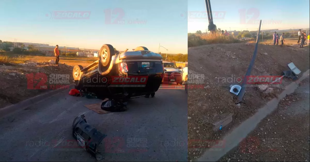 Se vuelca en su troca texana tras chocar contra luminaria en Acuña