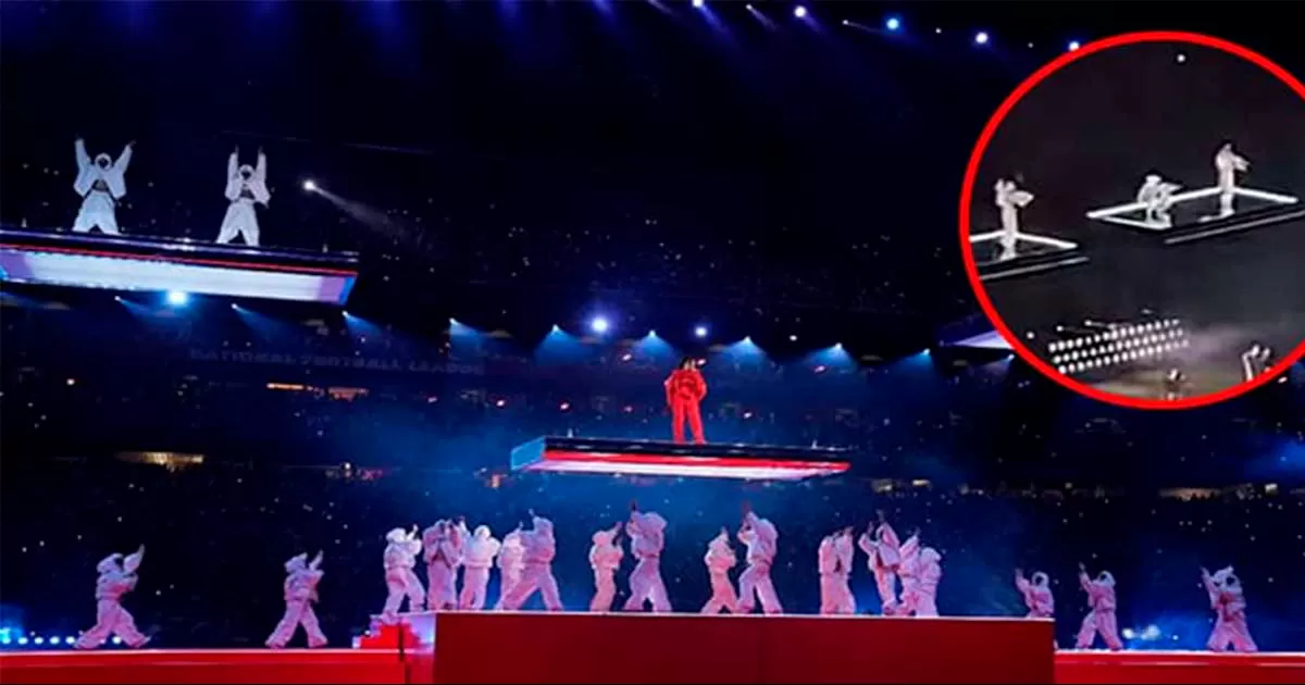 Bailarín estuvo a punto de caer de plataforma durante show de Rihanna en el Super Bowl
