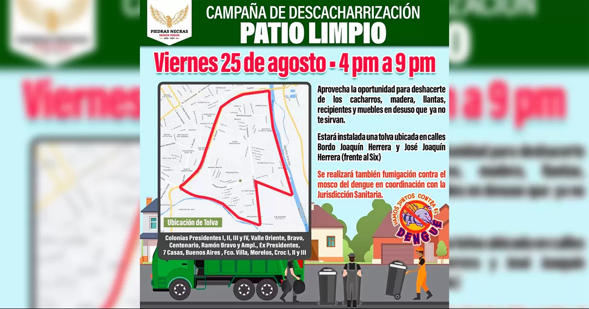 Las colonias donde se harán presentes las cuadrillas serán Buenos Aires, Siete Casas, Francisco Villa, Morelos, CROC I, II y III, Presidentes I, II, III y IV, Valle Oriente, Bravo, Centenario, Ramón Bravo, Ampliación Ramón Bravo y Ex Presidentes.