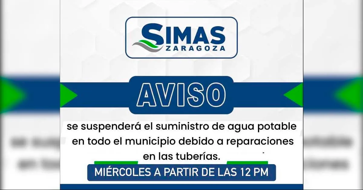 No habrá agua en municipio de Zaragoza este miércoles ¡Prepárese!