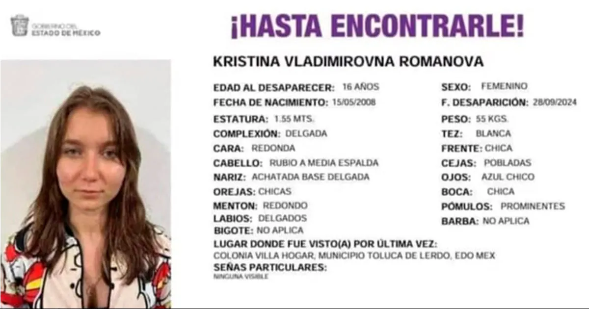 Por medio de redes sociales la madre de la joven, Marina Romanova, pide ayuda para localizarla ya que desapareció desde el sábado 28 de septiembre.