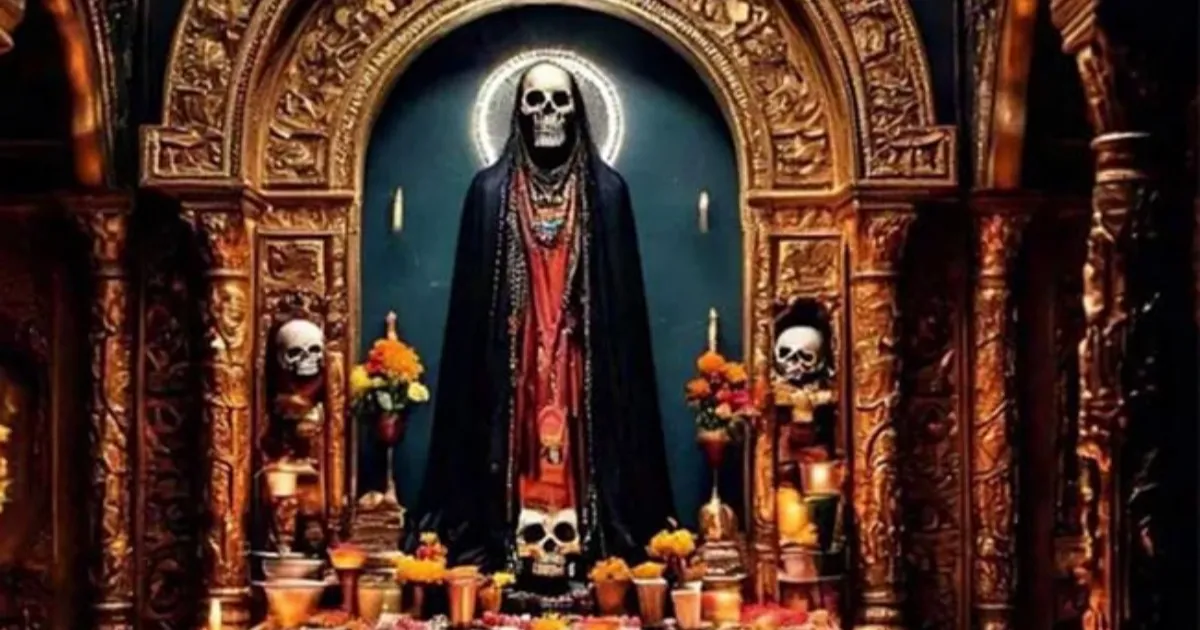 El altar a la Santa Muerte había manzanas, cigarros, velas de plástico de varios colores y botellas de alcohol, además de peluches y juguetes.