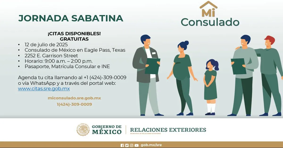 Consulado de México en Eagle Pass realizará jornada sabatina este 12 de julio
