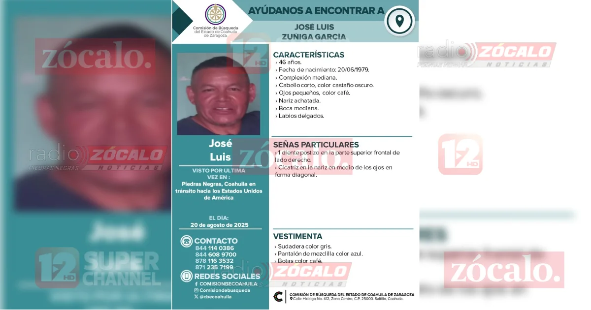 Emiten ficha de búsqueda por desaparición de hombre en Piedras Negras