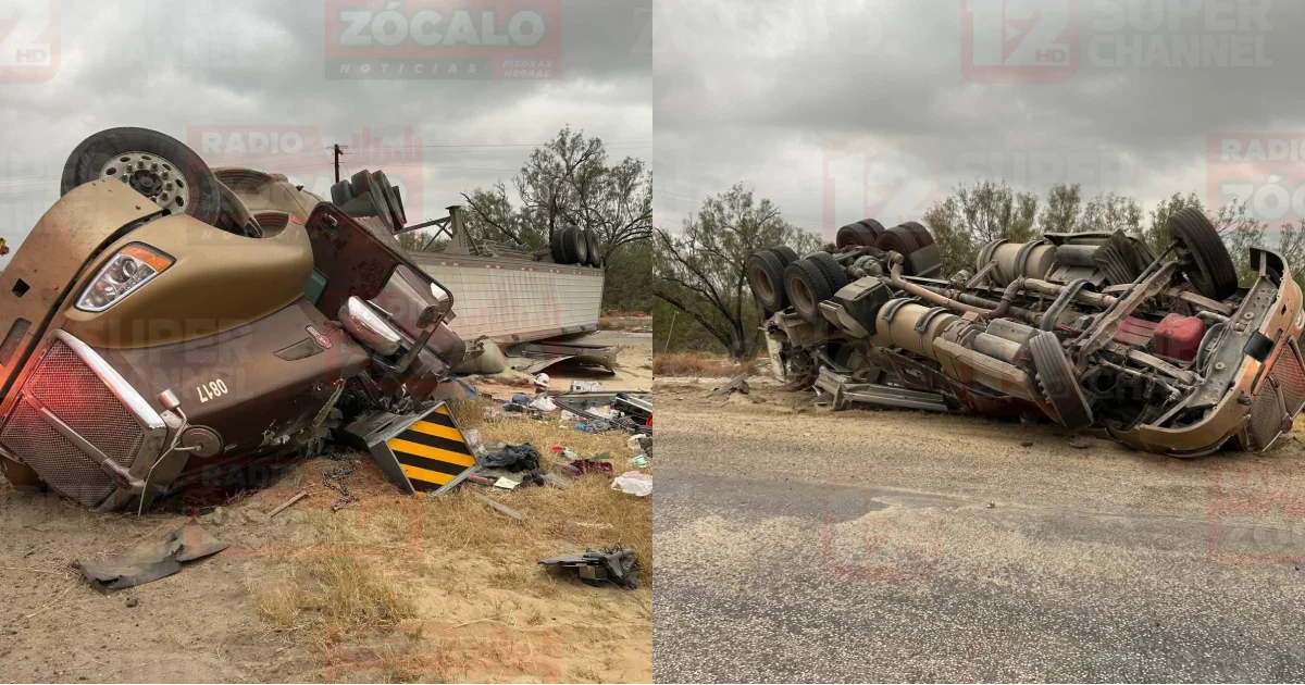 Rescatan a conductor atrapado tras volcadura de tráiler en Dimmit