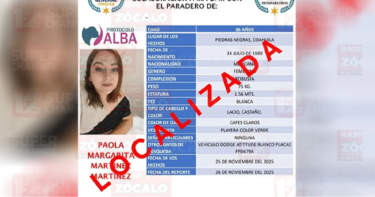 Localizan en Sabinas a mujer desaparecida