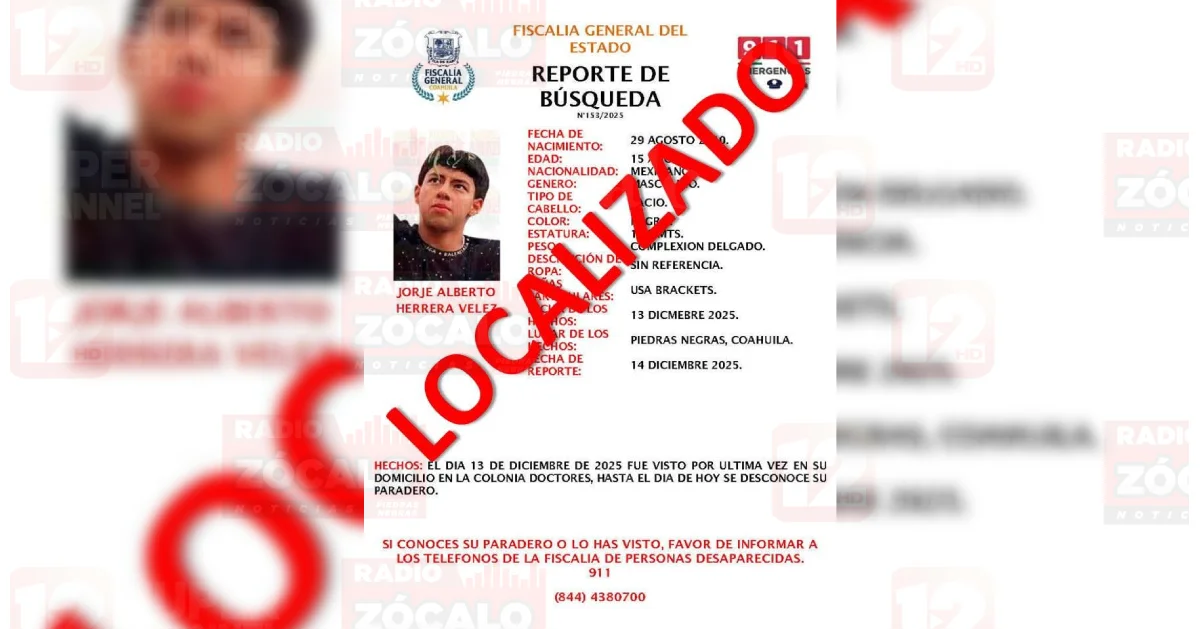 Fiscalía confirma localización de menor desaparecido en Piedras Negras